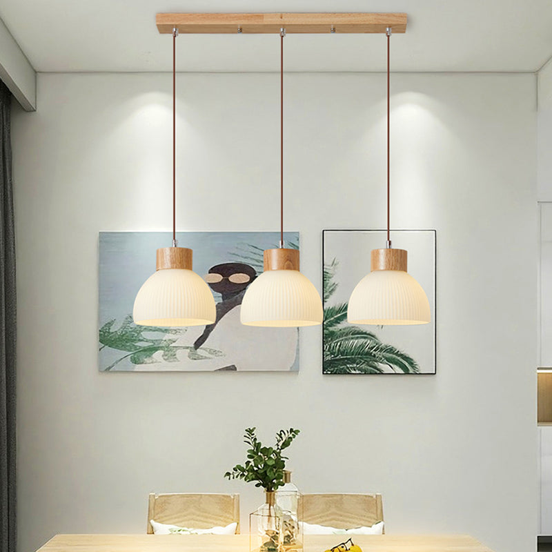 Zeitgenössische skandinavische Halbschalen vertikale Zylinder Holz Glas 1/3 Licht Pendelleuchte Insellicht für Wohnzimmer