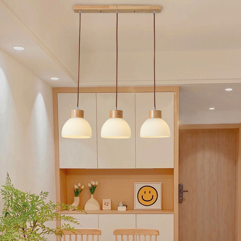 Zeitgenössische skandinavische Halbschalen vertikale Zylinder Holz Glas 1/3 Licht Pendelleuchte Insellicht für Wohnzimmer