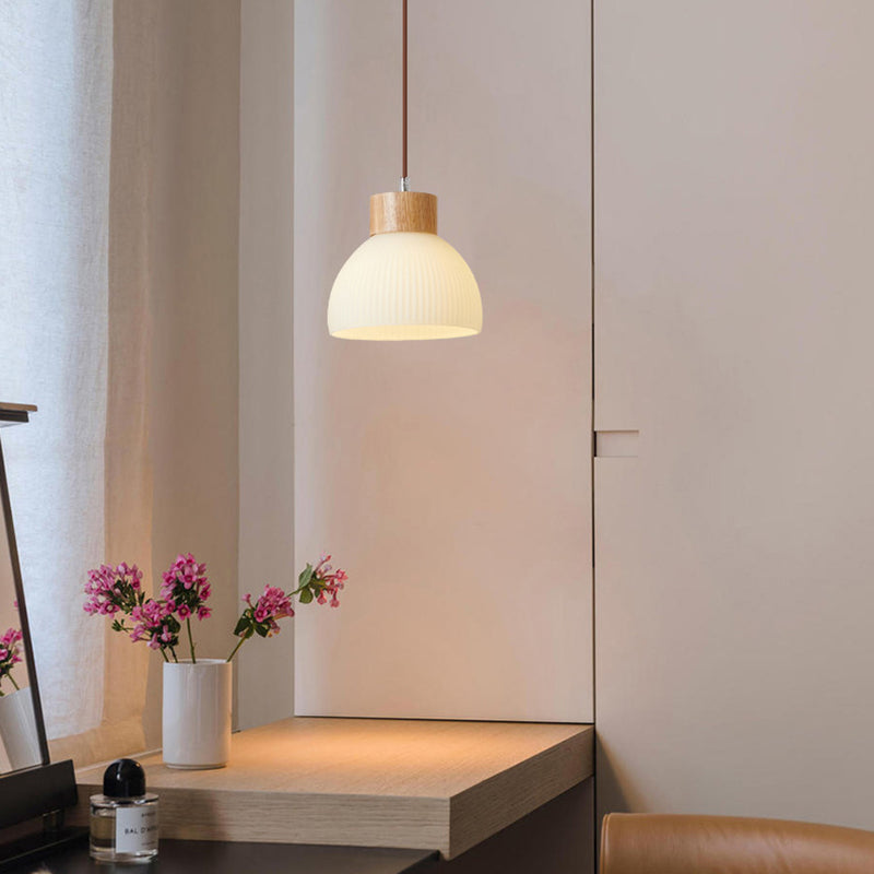 Zeitgenössische skandinavische Halbschalen vertikale Zylinder Holz Glas 1/3 Licht Pendelleuchte Insellicht für Wohnzimmer