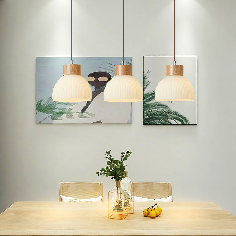 Zeitgenössische skandinavische Halbschalen vertikale Zylinder Holz Glas 1/3 Licht Pendelleuchte Insellicht für Wohnzimmer