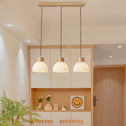 Zeitgenössische skandinavische Halbschalen vertikale Zylinder Holz Glas 1/3 Licht Pendelleuchte Insellicht für Wohnzimmer