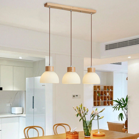 Zeitgenössische skandinavische Halbschalen vertikale Zylinder Holz Glas 1/3 Licht Pendelleuchte Insellicht für Wohnzimmer