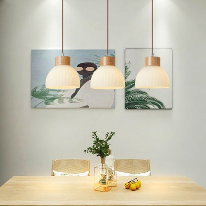 Zeitgenössische skandinavische Halbschalen vertikale Zylinder Holz Glas 1/3 Licht Pendelleuchte Insellicht für Wohnzimmer