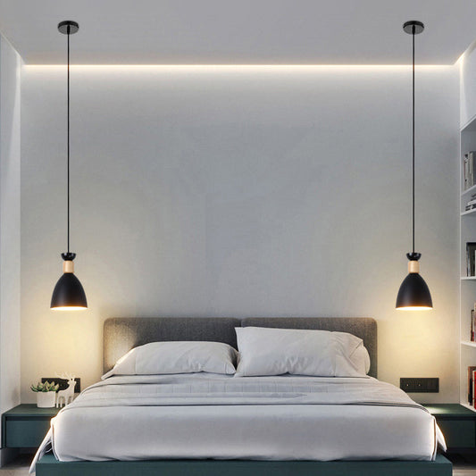 Zeitgenössische skandinavische Makaron geometrische runde Holz Eisen 1-Licht Pendelleuchte für das Schlafzimmer